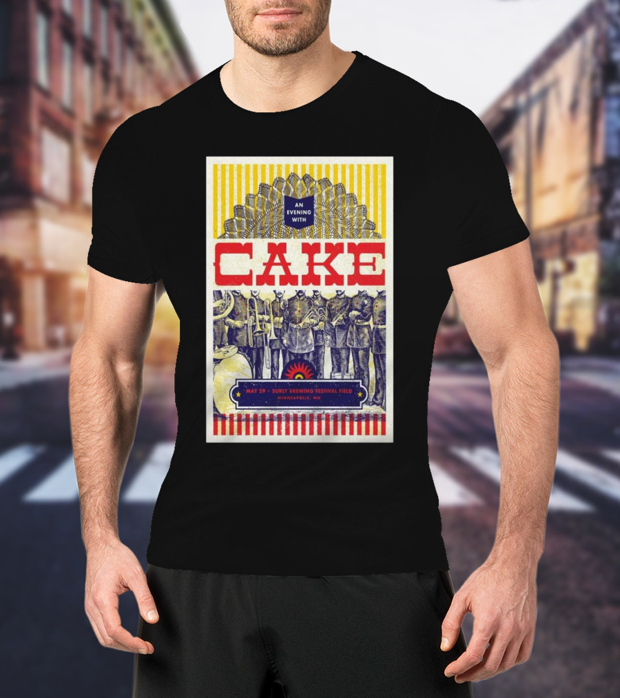 An Evening With Cake May 29 2025 Surly Brewing Festival Field Minneapolis MN Striped Sunburst With Soldiers And Animals T-Shirt
