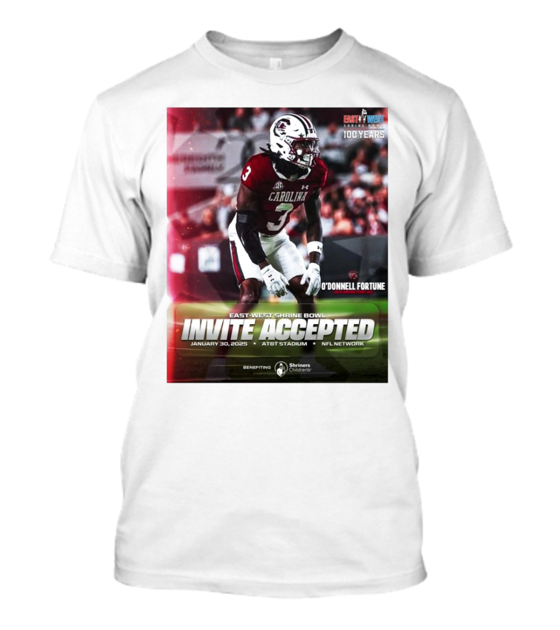 East-West Shrine Bowl Invite Accepted O'Donnell Fortune South Carolina Gamecocks January 30 2025 AT&T Stadium NFL Network T-Shirt