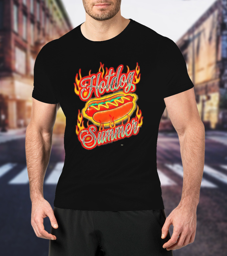 Hotdog Summer Flaming Hotdog Graphic With Fiery Flames T-Shirt