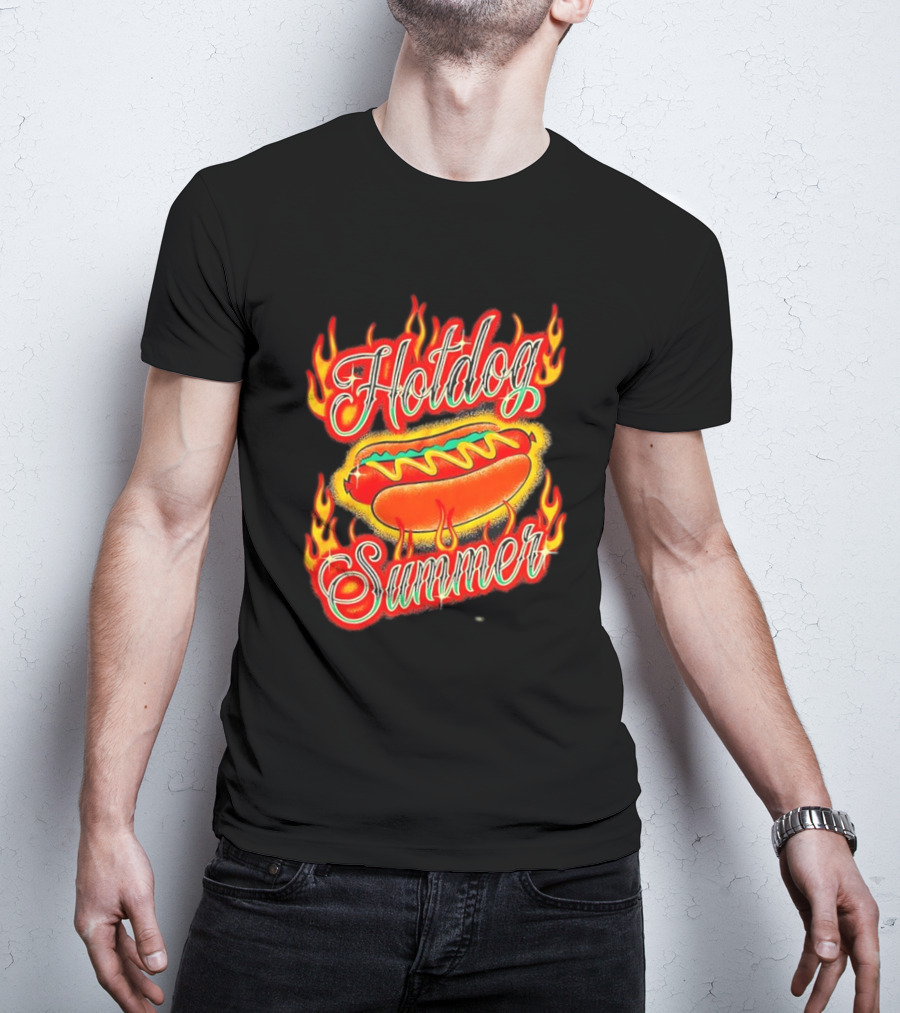 Hotdog Summer Flaming Hotdog Graphic With Fiery Flames T-Shirt