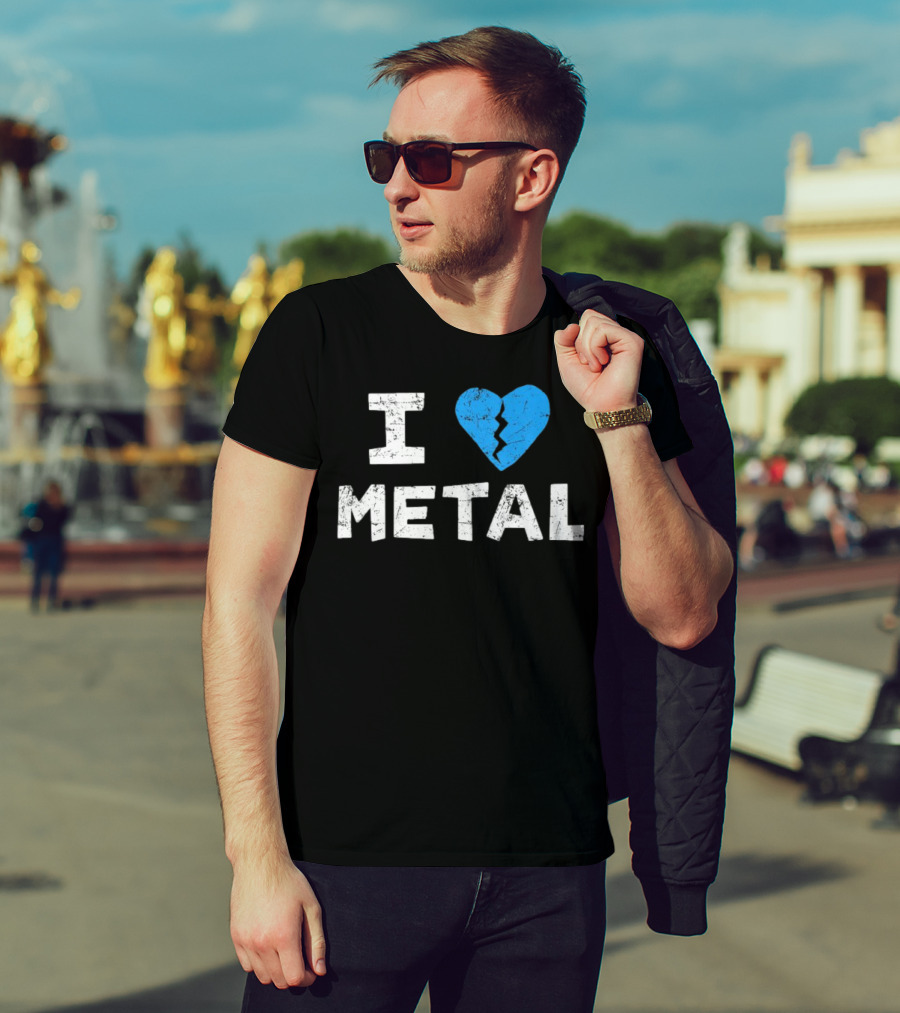 I Love Metal Broken Heart Blue Distressed Text T-Shirt