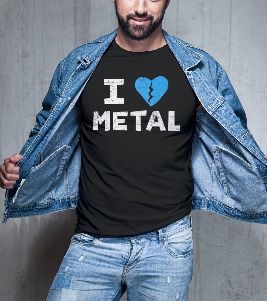 I Love Metal Broken Heart Blue Distressed Text T-Shirt
