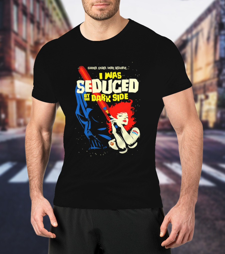I Was Seduced By The Dark Side Cartoon Darth Vader And Redhead Woman T-Shirt