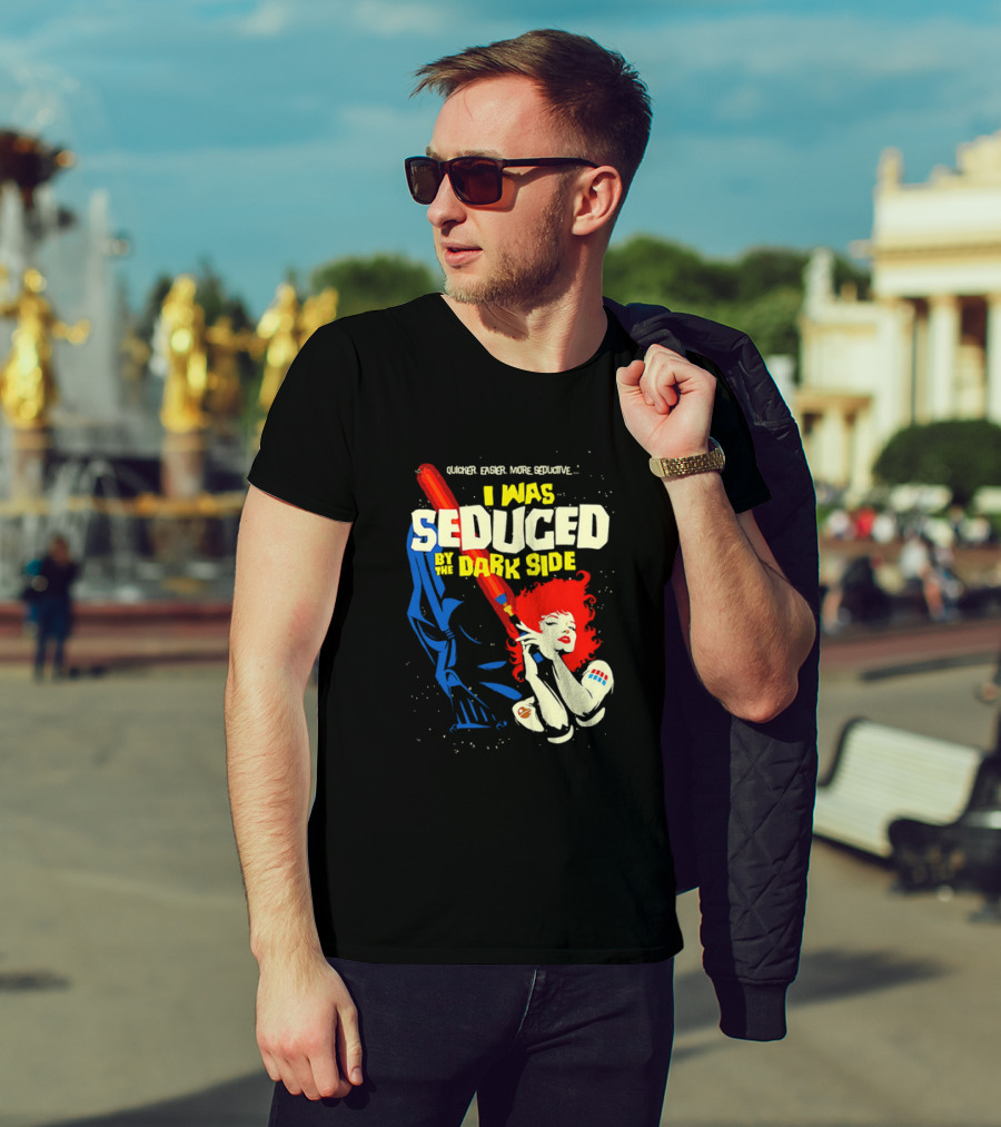 I Was Seduced By The Dark Side Cartoon Darth Vader And Redhead Woman T-Shirt