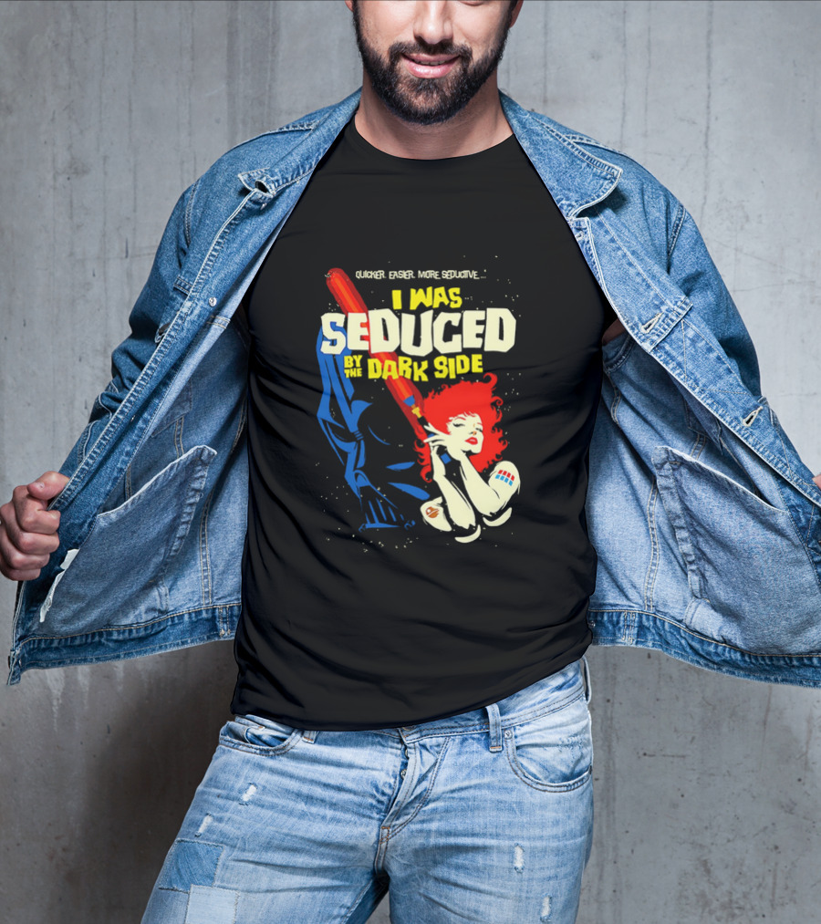 I Was Seduced By The Dark Side Cartoon Darth Vader And Redhead Woman T-Shirt