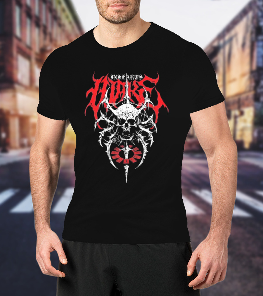 In Hearts Wake Skeletal Skull Red Text T-Shirt