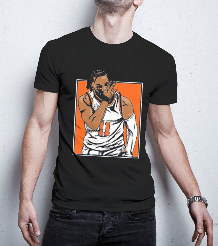Jalen Brunson Number 11 Knicks Celebration Gesture Orange Background T-Shirt