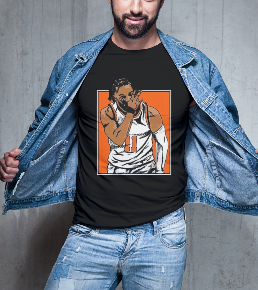 Jalen Brunson Number 11 Knicks Celebration Gesture Orange Background T-Shirt
