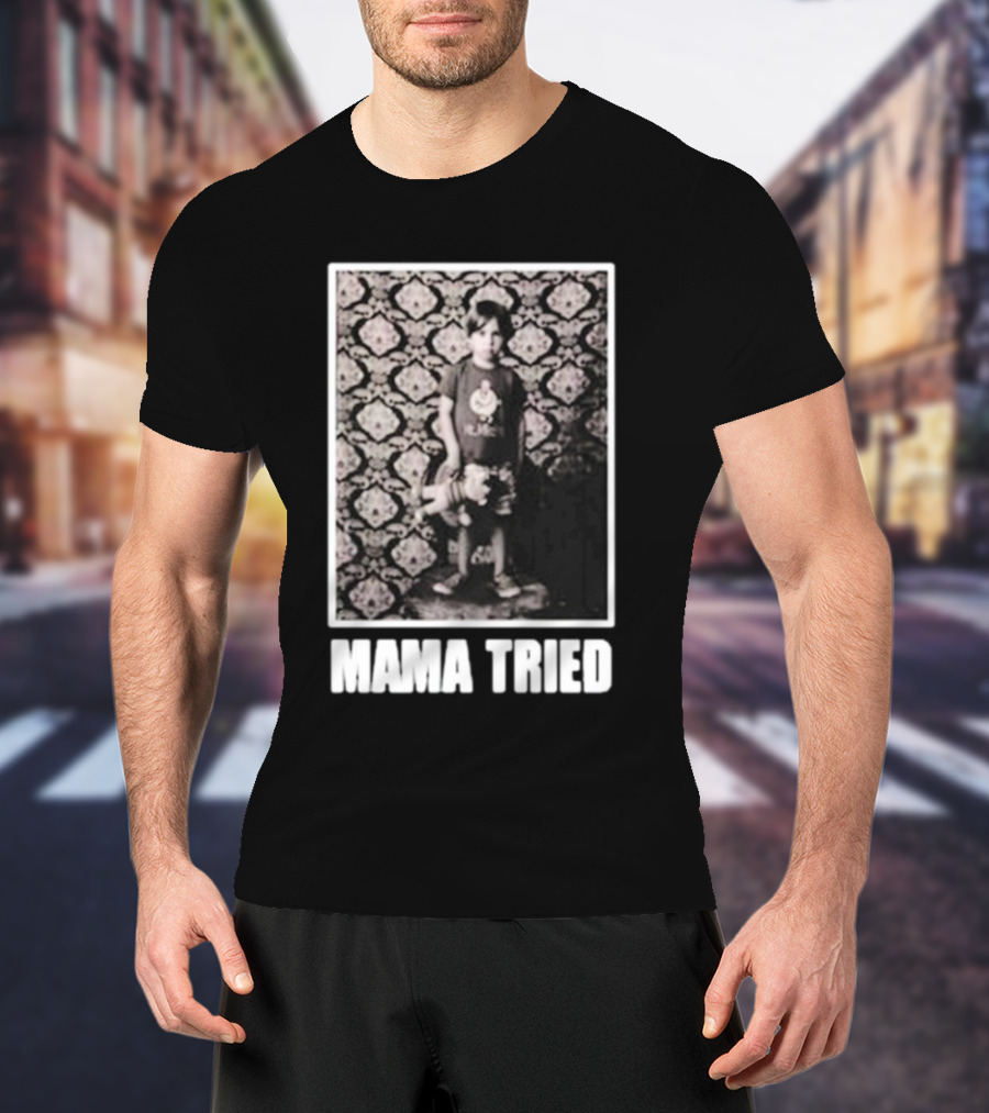James Clark Mama Tried Child Holding Teddy On Abstract Wallpaper T-Shirt