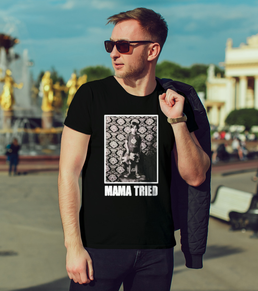 James Clark Mama Tried Child Holding Teddy On Abstract Wallpaper T-Shirt
