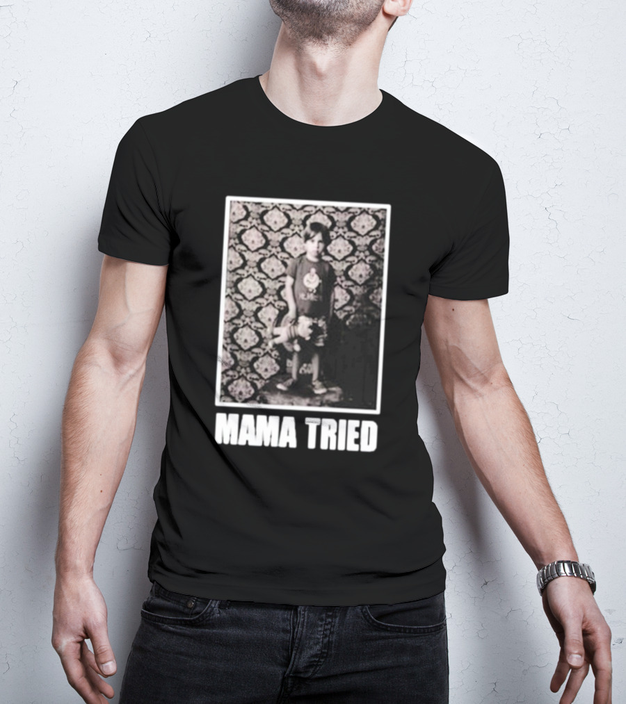 James Clark Mama Tried Child Holding Teddy On Abstract Wallpaper T-Shirt