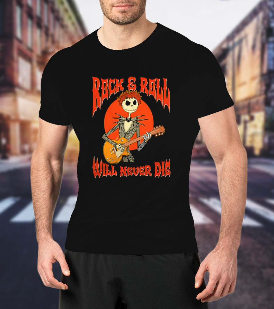 Rock And Roll Will Never Die Jack Skellington Playing Guitar T-Shirt