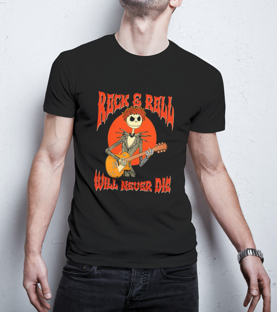 Rock And Roll Will Never Die Jack Skellington Playing Guitar T-Shirt