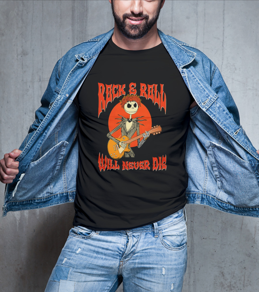 Rock And Roll Will Never Die Jack Skellington Playing Guitar T-Shirt