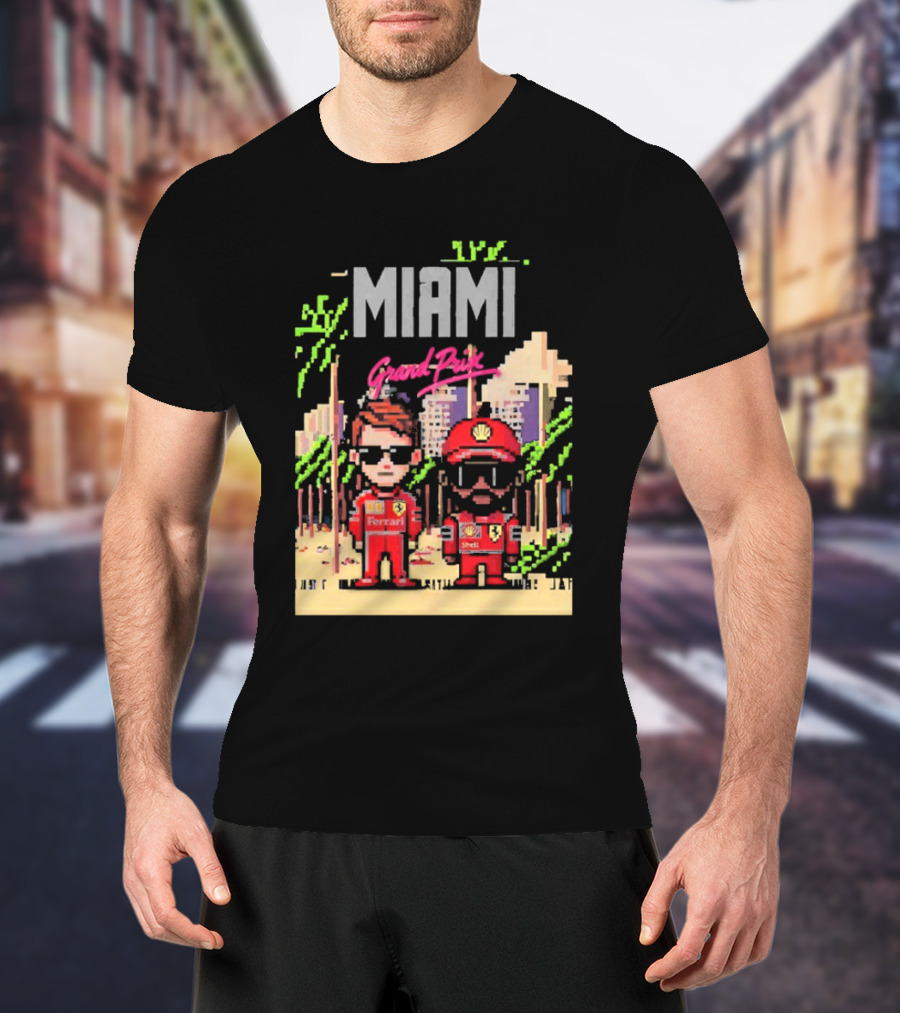 Lewis Hamilton Charles Leclerc Ferrari Team Pixel Style Miami Grand Prix 2025 T-Shirt