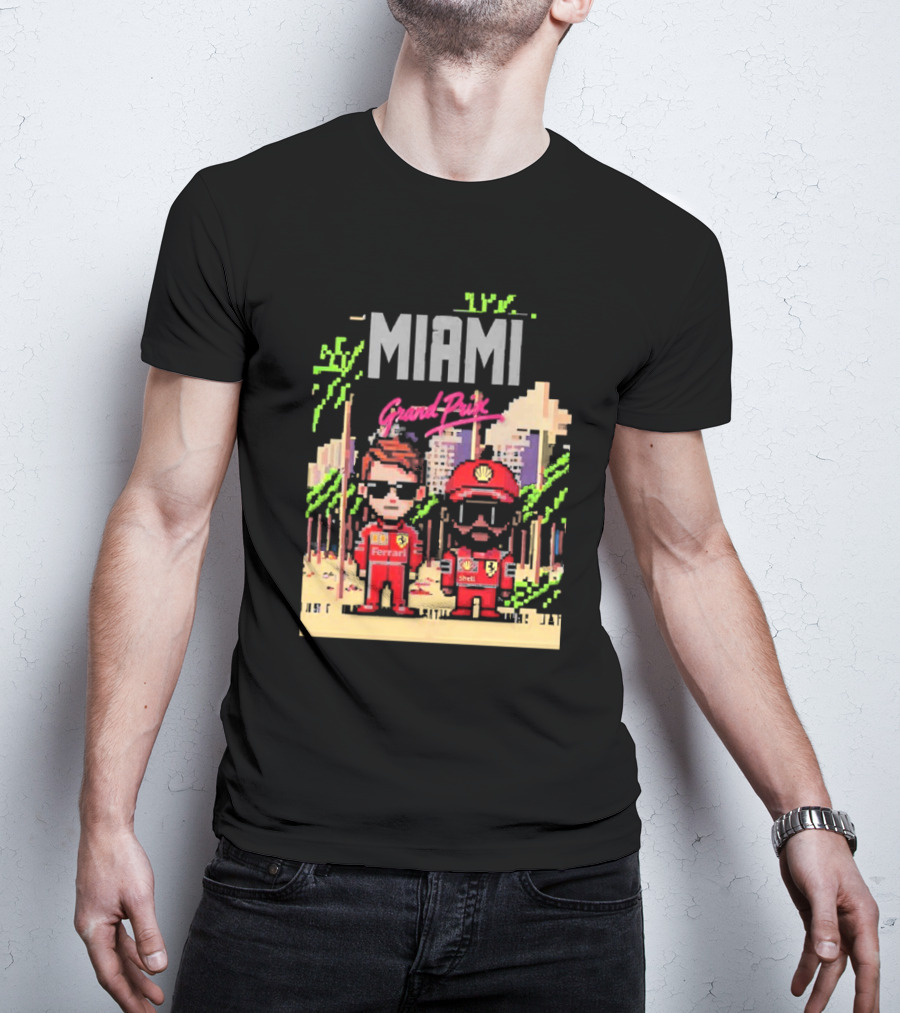 Lewis Hamilton Charles Leclerc Ferrari Team Pixel Style Miami Grand Prix 2025 T-Shirt