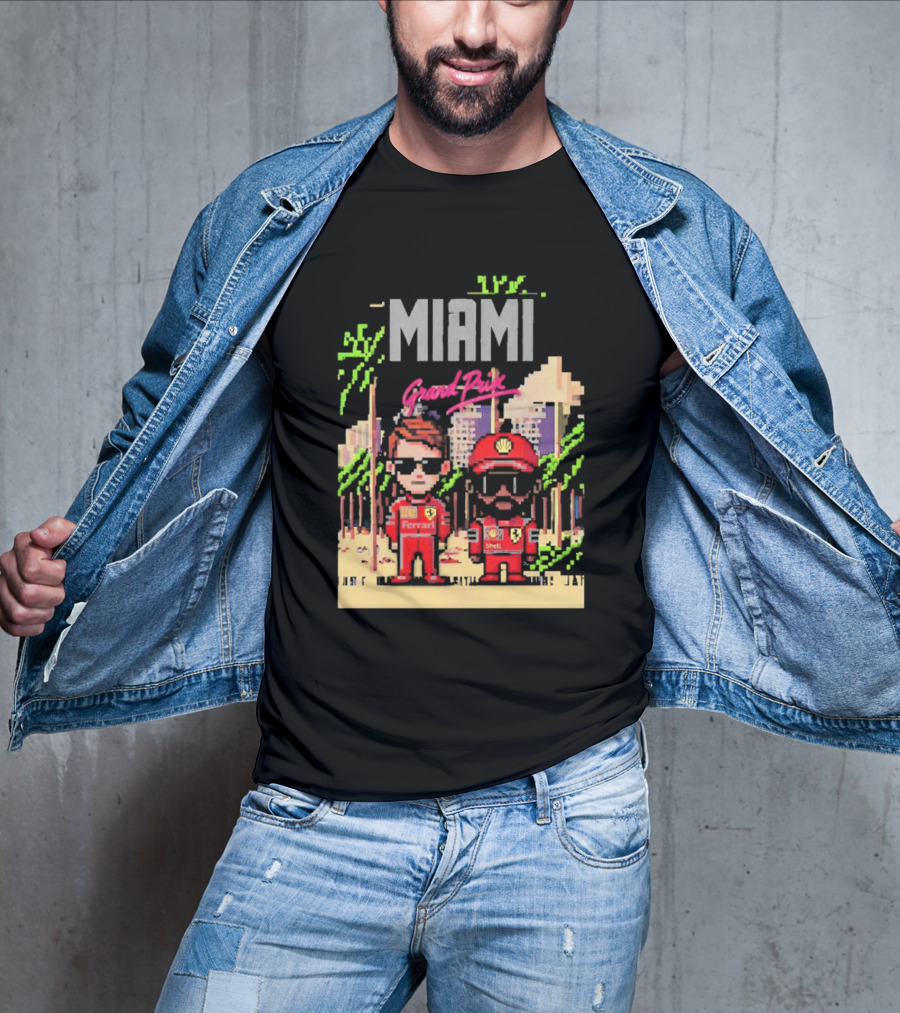 Lewis Hamilton Charles Leclerc Ferrari Team Pixel Style Miami Grand Prix 2025 T-Shirt
