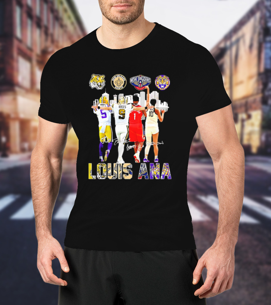 Louisiana Sports Teams 2025 Signatures Skyline Drew Brees Tiger Saint Pelican LSU T-Shirt