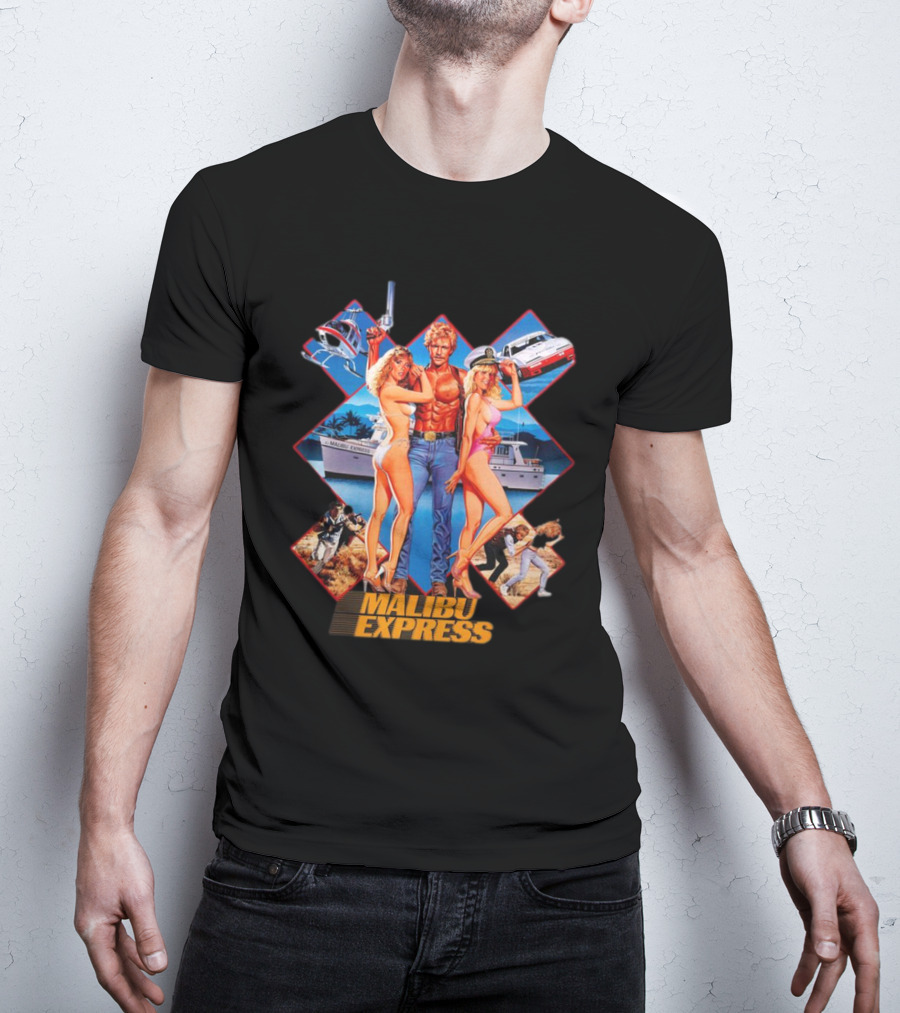 Malibu Express Action Movie 1985 Art With Yacht And Helicopter T-Shirt