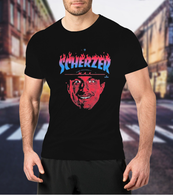 Max Scherzer Flames Face Blue And Red Illustration T-Shirt