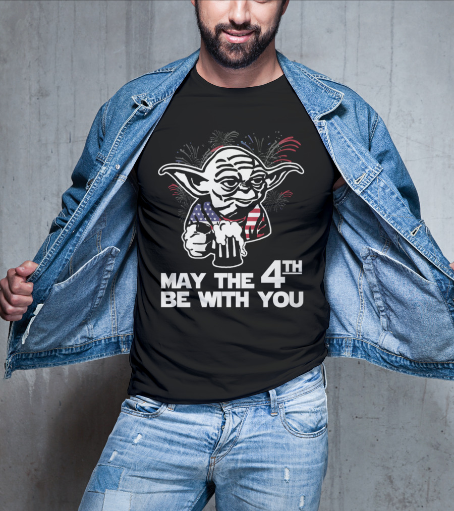 May The 4th Be With You Yoda American Flag Fireworks T-Shirt