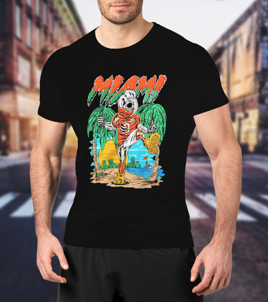 Miami Hurricanes Sebastian The Ibis Palm Trees Cityscape Sunrise T-Shirt