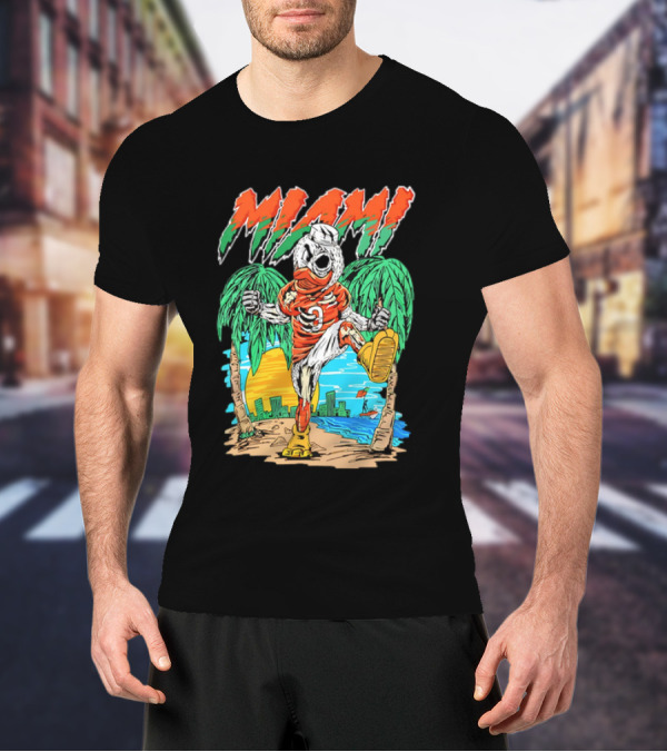 Miami Hurricanes Sebastian The Ibis Palm Trees Cityscape Sunrise T-Shirt