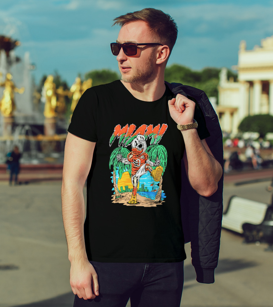 Miami Hurricanes Sebastian The Ibis Palm Trees Cityscape Sunrise T-Shirt