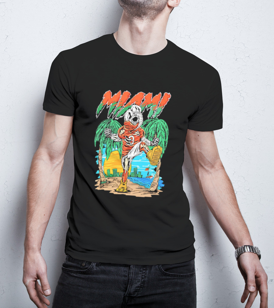 Miami Hurricanes Sebastian The Ibis Palm Trees Cityscape Sunrise T-Shirt