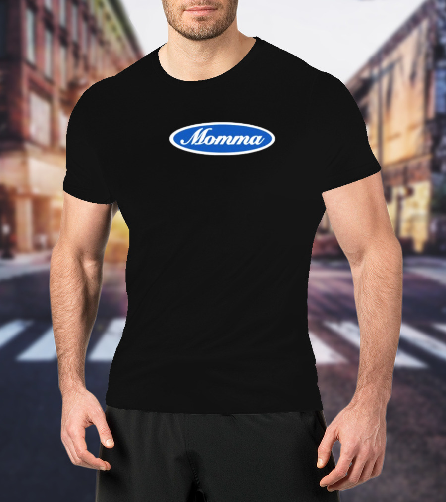 Momma Blue Oval White Script Text T-Shirt