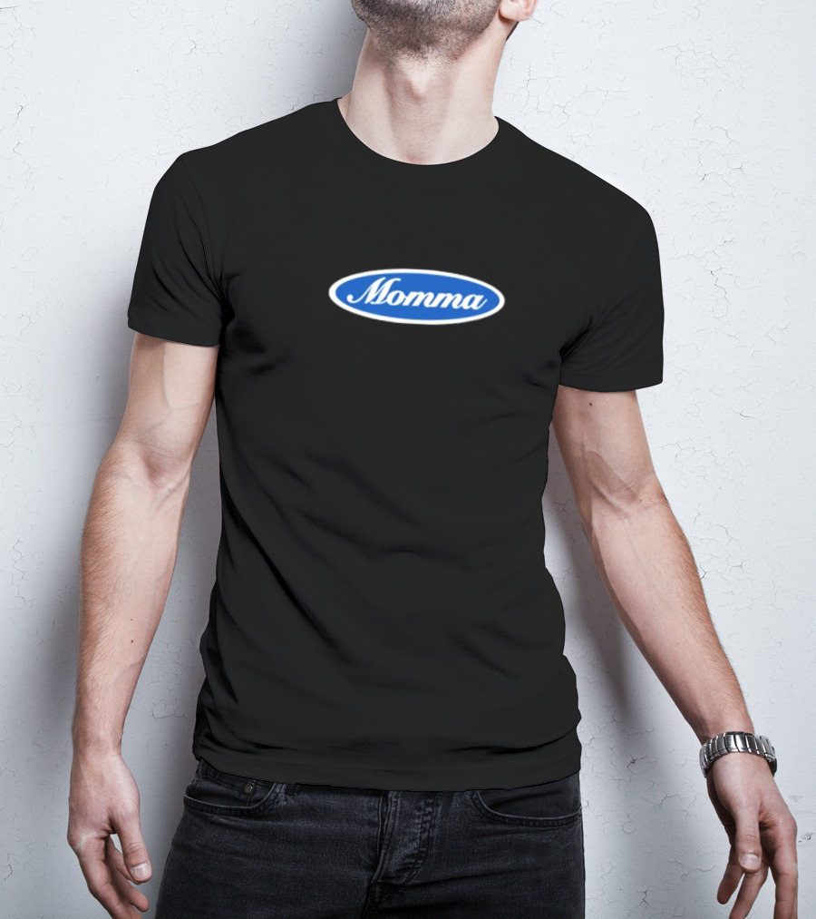 Momma Blue Oval White Script Text T-Shirt