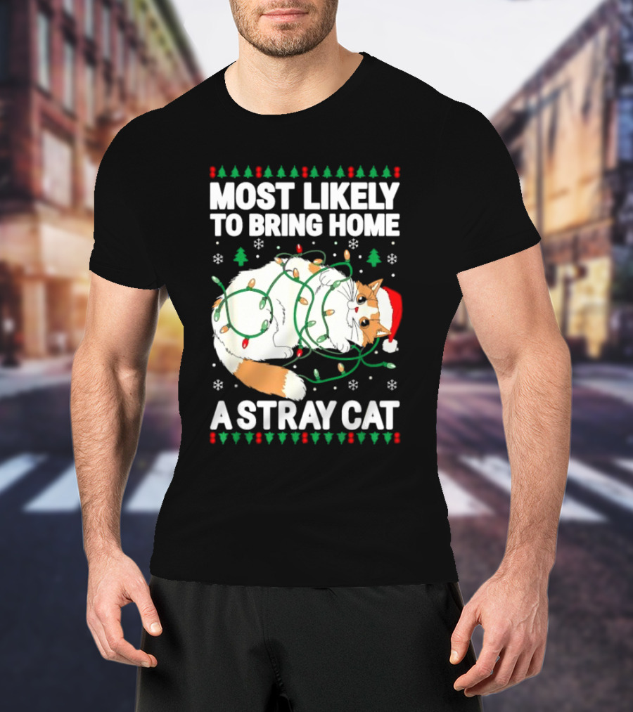 Most Likely To Bring Home A Stray Cat Christmas Lights Santa Hat Festive Holiday Cat T-Shirt