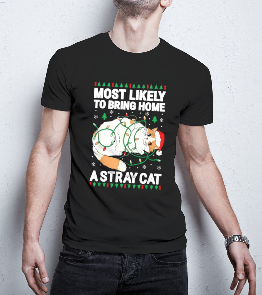 Most Likely To Bring Home A Stray Cat Christmas Lights Santa Hat Festive Holiday Cat T-Shirt