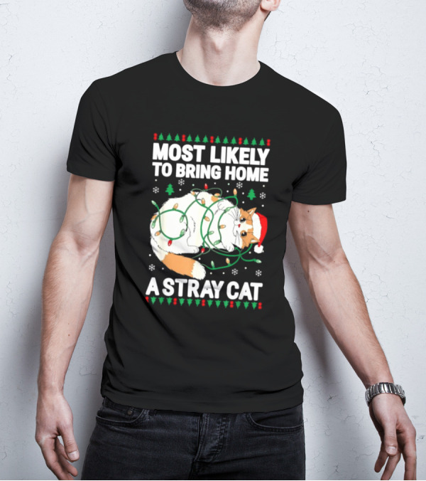 Most Likely To Bring Home A Stray Cat Christmas Lights Santa Hat Festive Holiday Cat T-Shirt