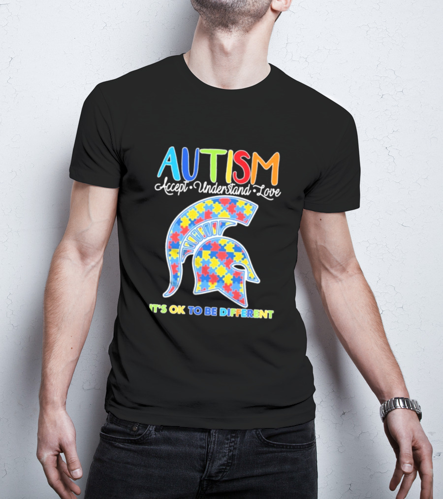Autism Accept Understand Love It's OK To Be Different Puzzle Pattern Spartan Helmet T-Shirt
