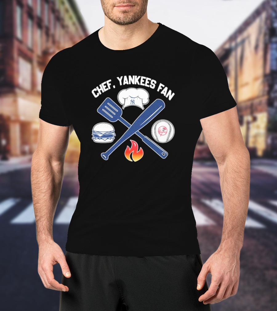 Chef Yankees Fan Hamburgers BBQ Baseball Cap Crossed Spatula Bat Fire Icon T-Shirt
