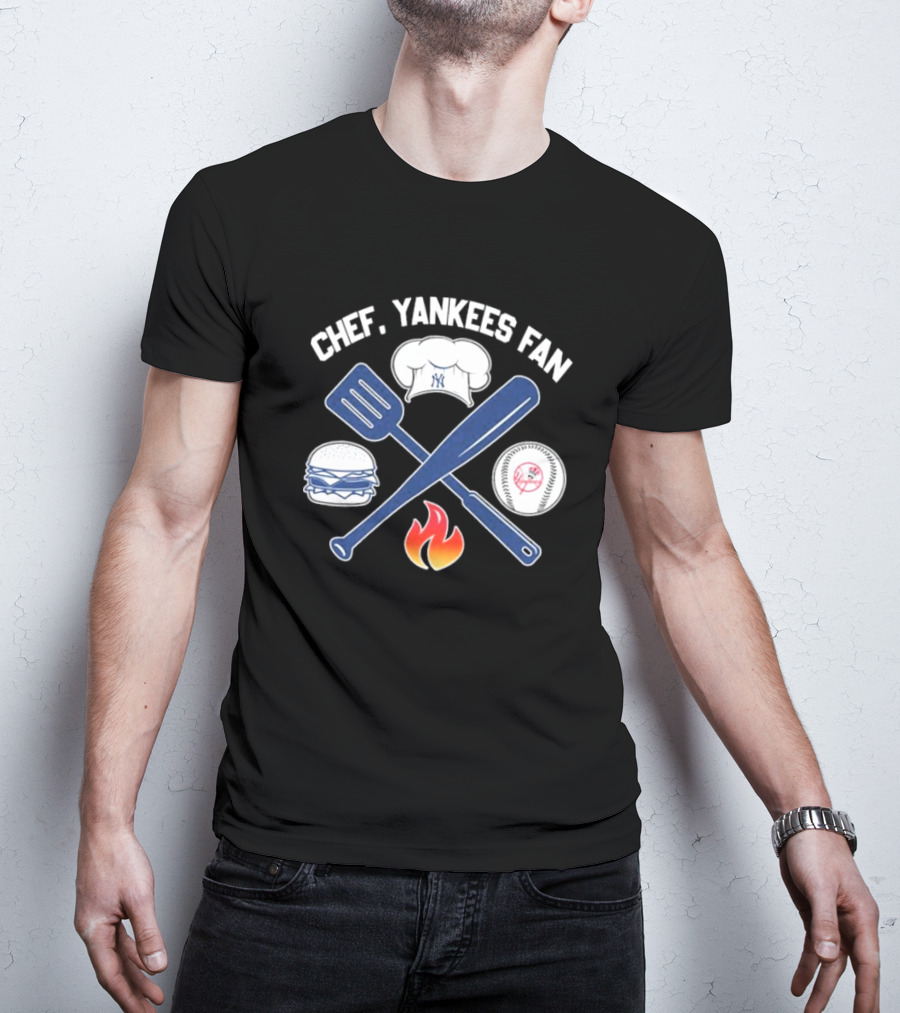 Chef Yankees Fan Hamburgers BBQ Baseball Cap Crossed Spatula Bat Fire Icon T-Shirt