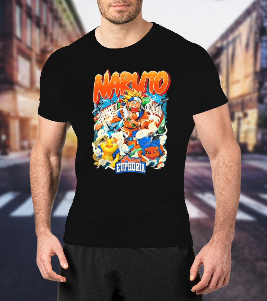 Naruto Planet Euphoria Visible Text With Ninja Frogs And Kunai Swirling Cloud Elements T-Shirt