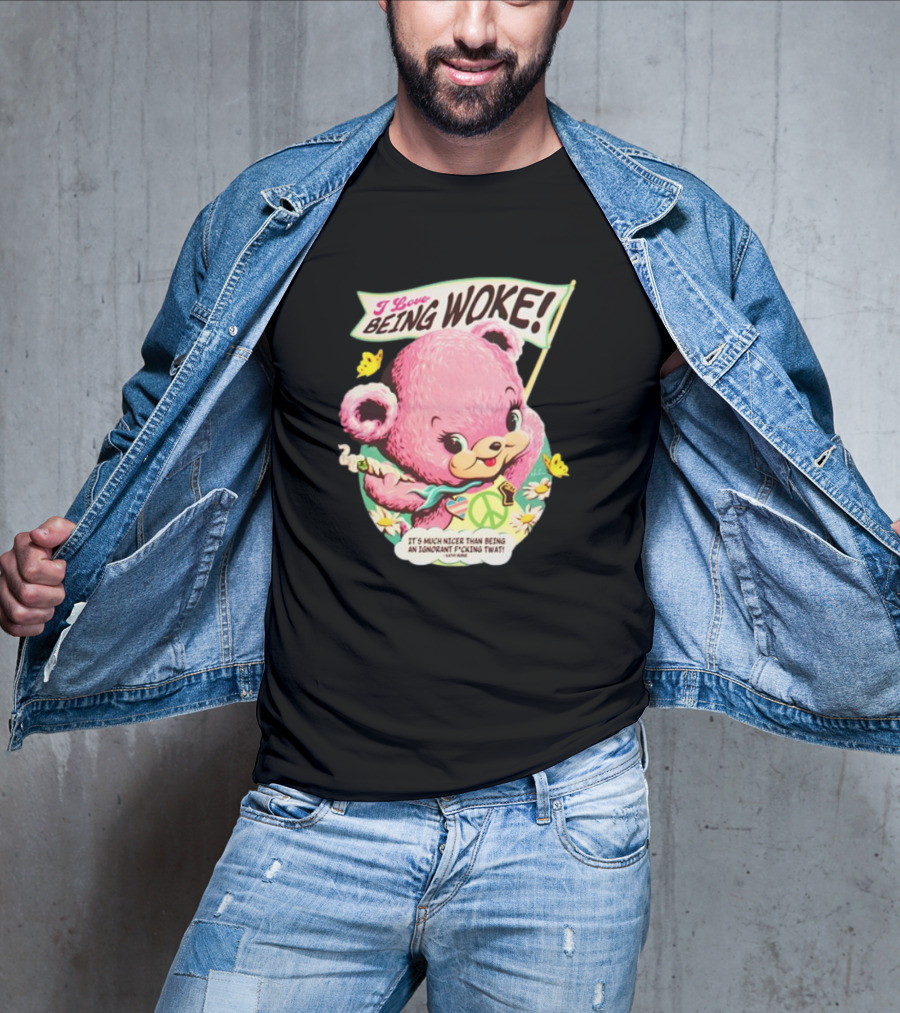 I Love Being Woke Cute Pink Bear Peace Symbol Butterflies T-Shirt