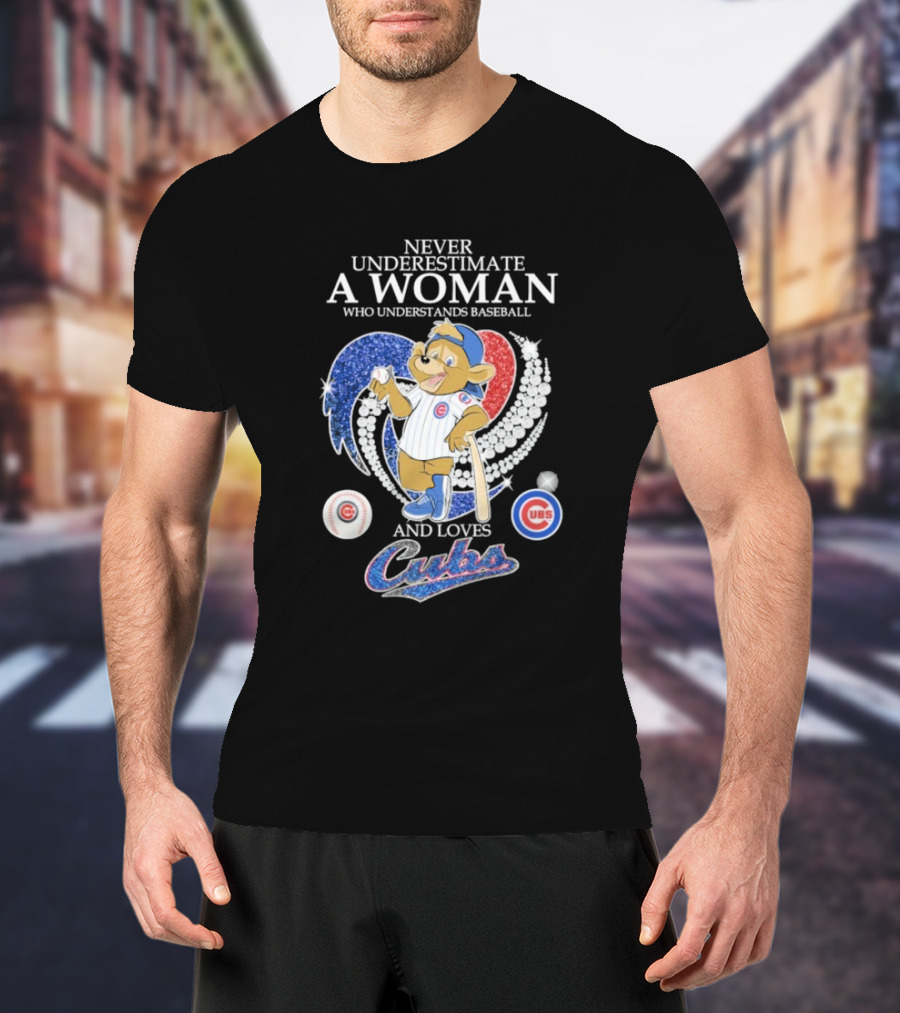 Never Underestimate A Woman Who Understands Baseball And Loves Cubs Chicago Mascot Clark Diamond Heart T-Shirt