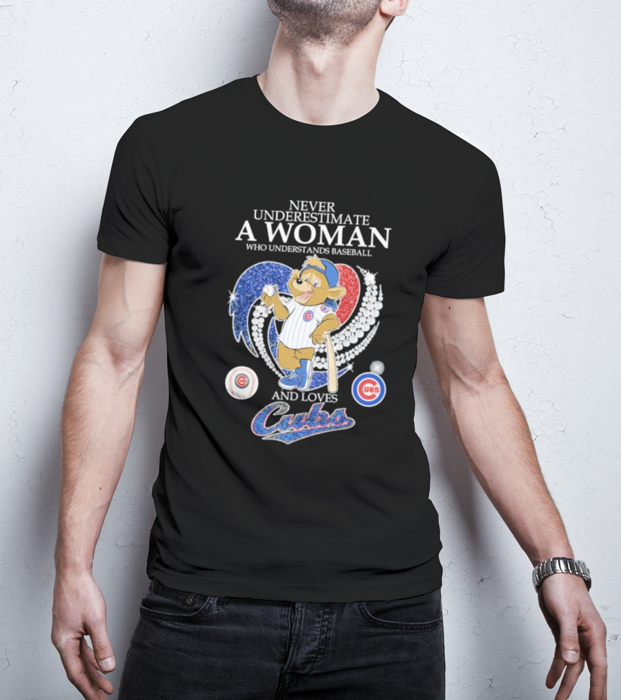Never Underestimate A Woman Who Understands Baseball And Loves Cubs Chicago Mascot Clark Diamond Heart T-Shirt