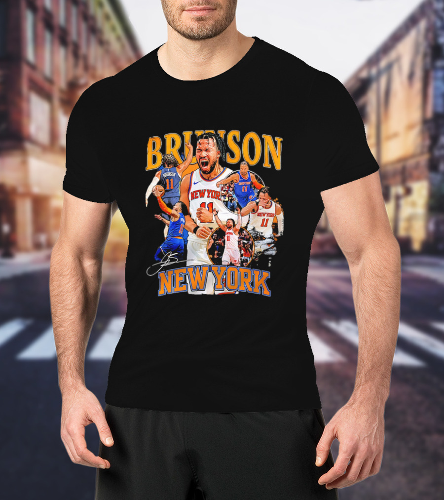New York Knicks Fans Jalen Brunson Signature New York Basketball Player Action Collage T-Shirt