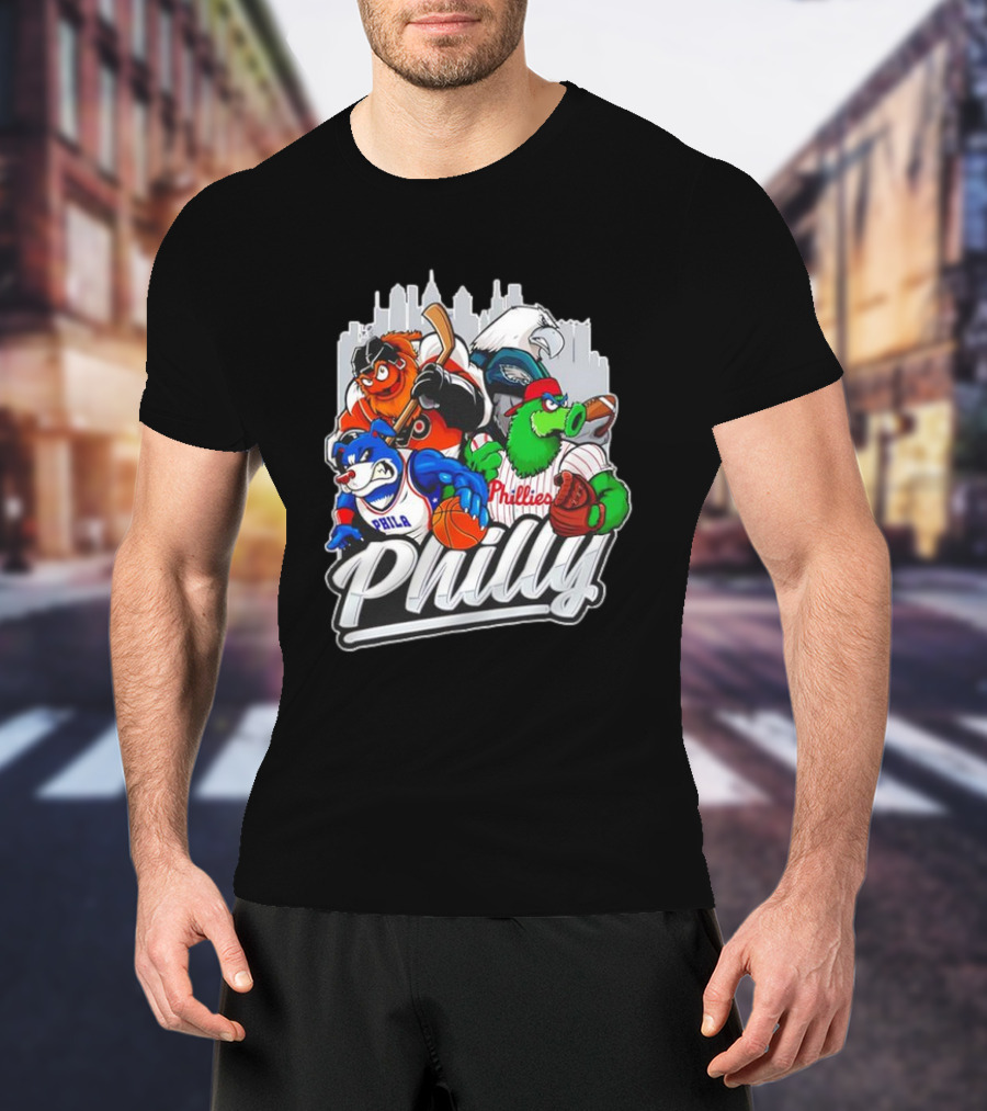 Philly Sports Mascots Basketball Baseball Hockey City Skyline T-Shirt