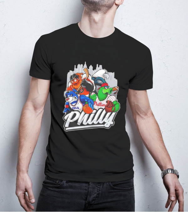 Philly Sports Mascots Basketball Baseball Hockey City Skyline T-Shirt