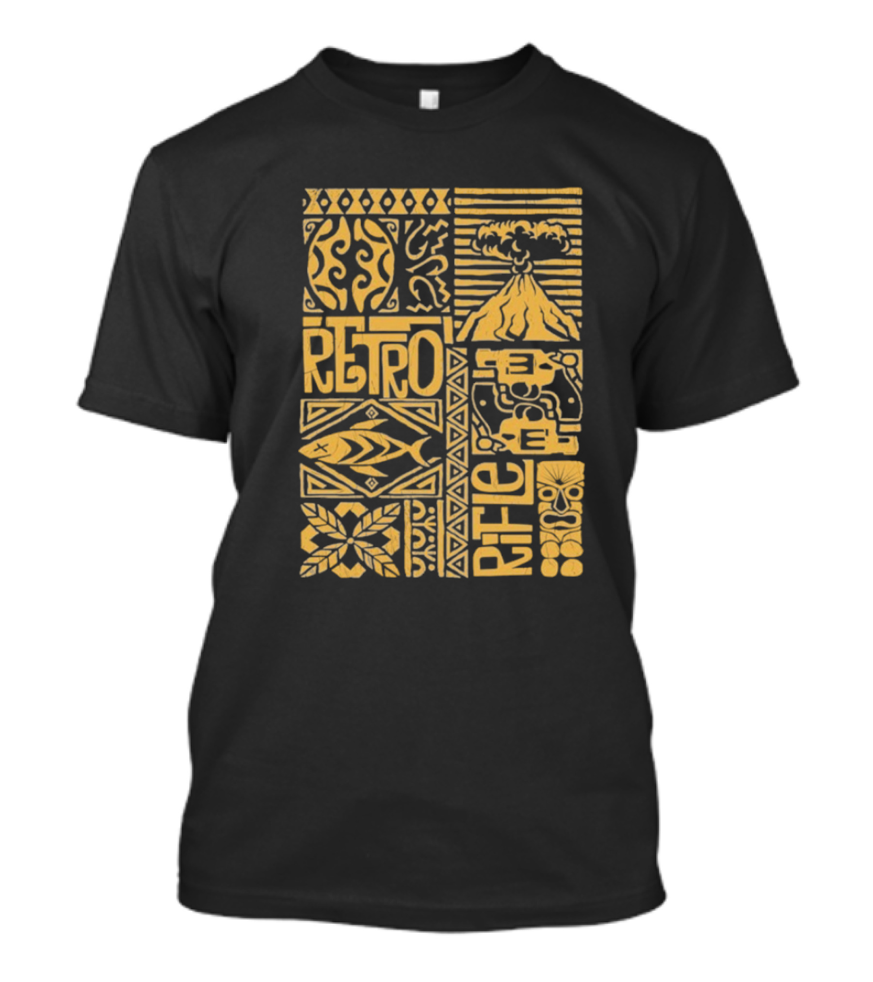 Retro Rifle Lei Em Down Pacific Island Tiki Volcano Palm Tree Ocean Waves Design T-Shirt