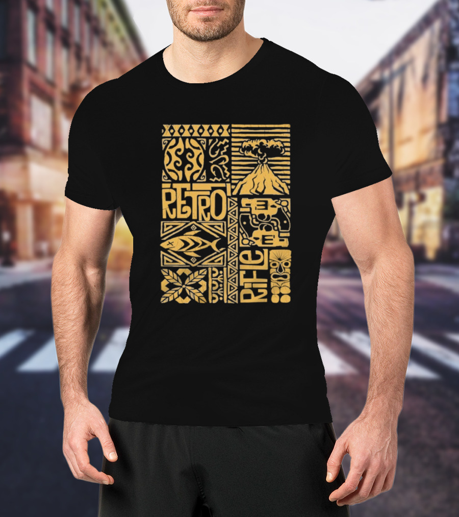 Retro Rifle Lei Em Down Pacific Island Tiki Volcano Palm Tree Ocean Waves Design T-Shirt