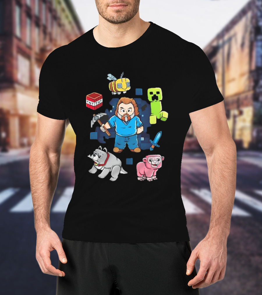 Pixel World Game Character With Animals And Tools Skyblock Adventure T-Shirt