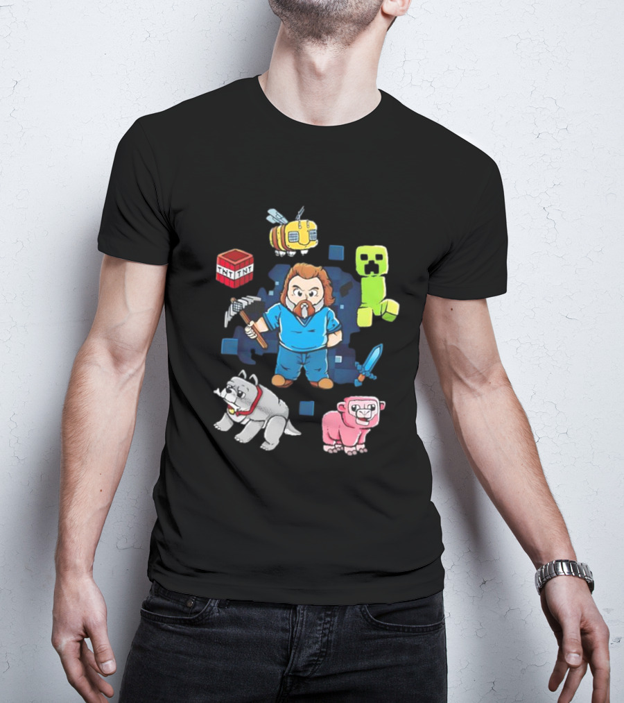 Pixel World Game Character With Animals And Tools Skyblock Adventure T-Shirt