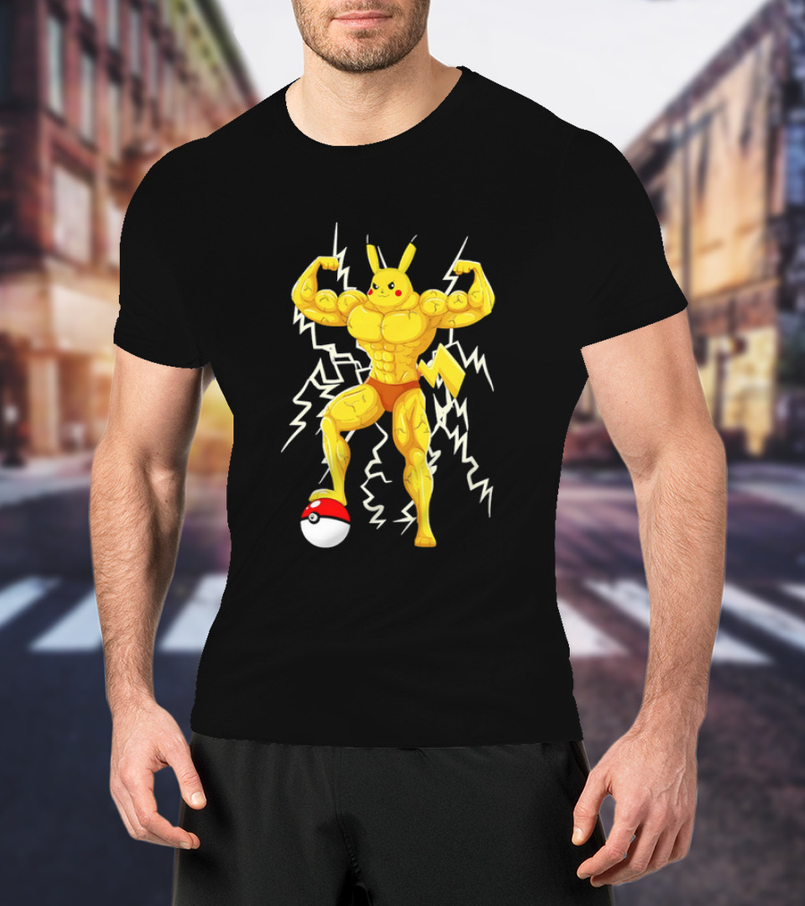 Muscled Pikachu Pumpachu With Lightning And Poké Ball T-Shirt