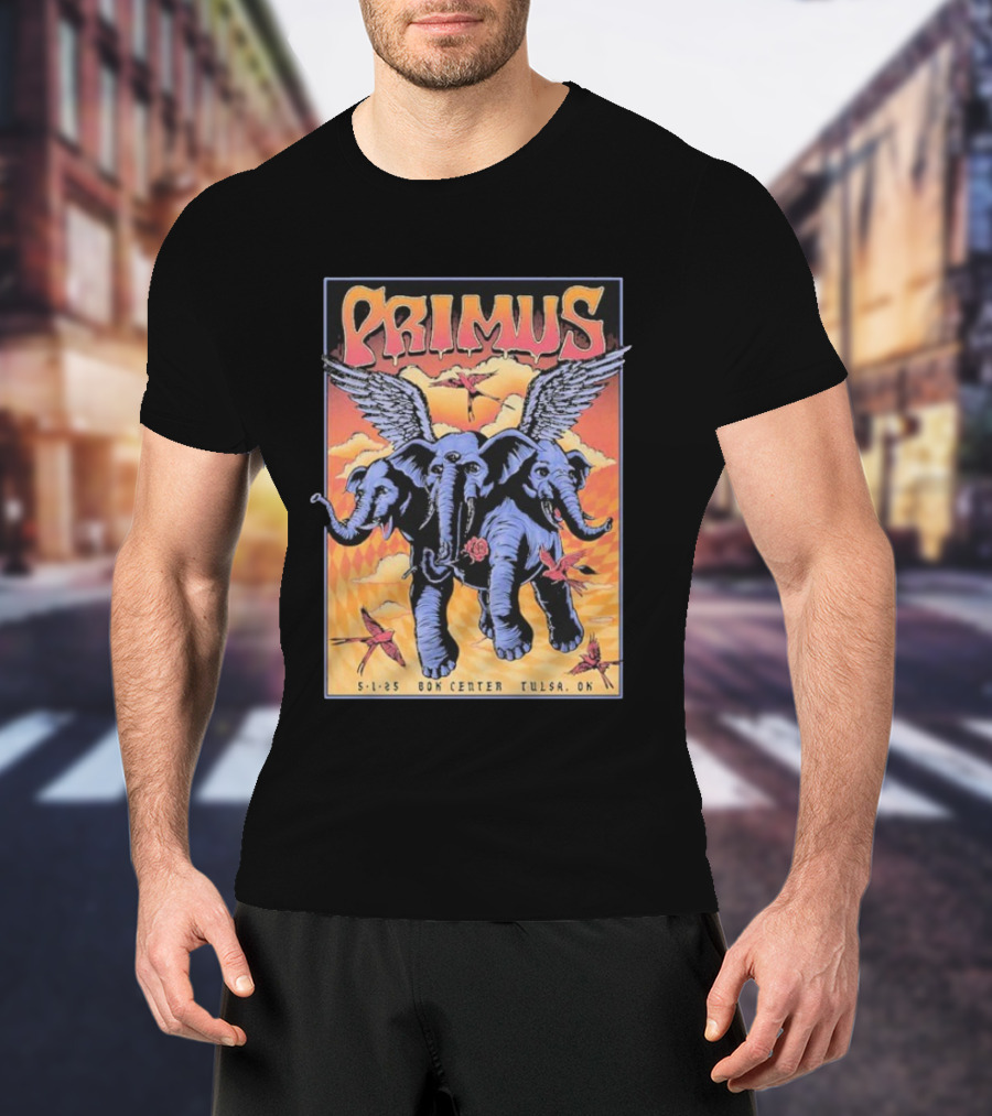 Primus Event Show F4D Studios May 1 2025 Tulsa BOK Center Winged Blue Elephants And Orange Sky Art T-Shirt